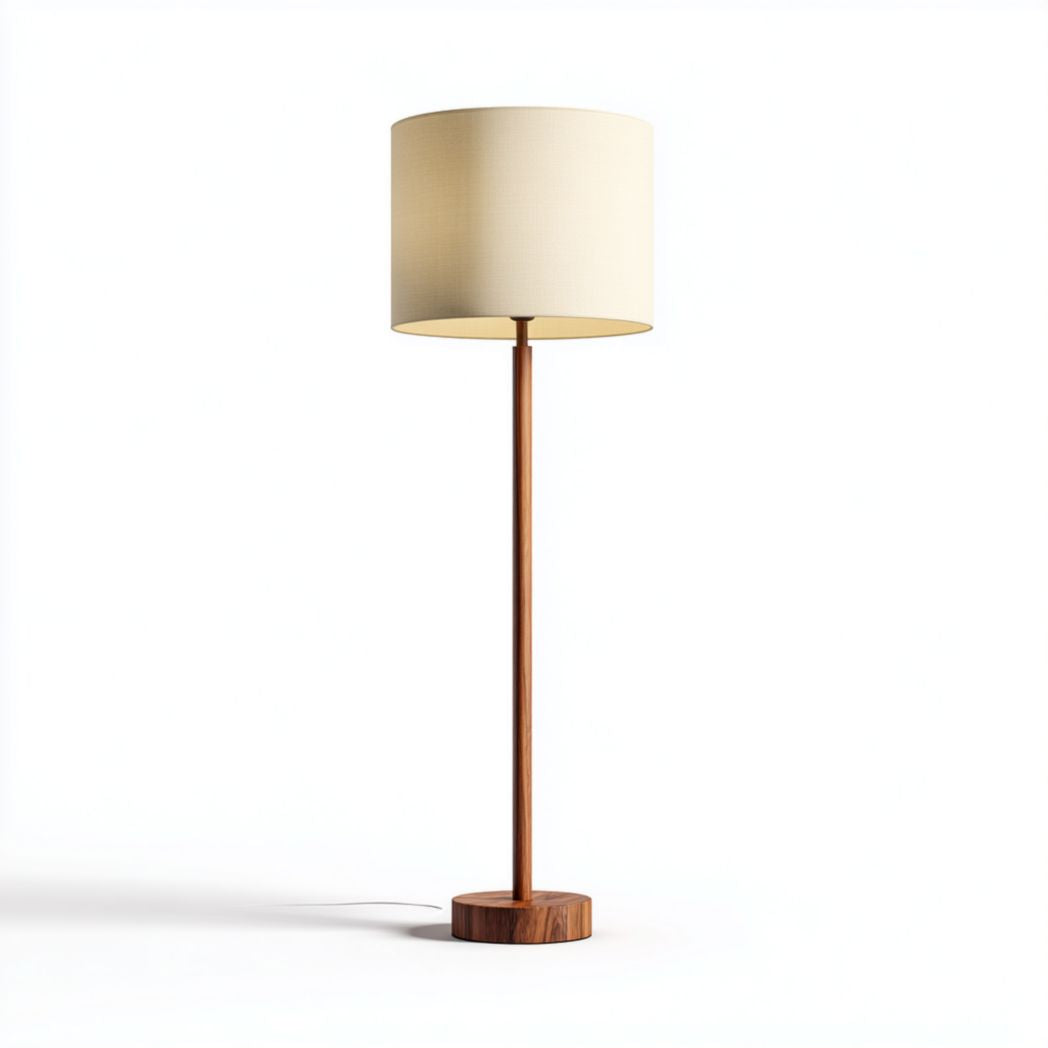 Lampada da Terra con Paralume Beige e Base in Legno