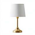 Lampada da Tavolo con Base in Metallo Dorato e Paralume in Tessuto Bianco