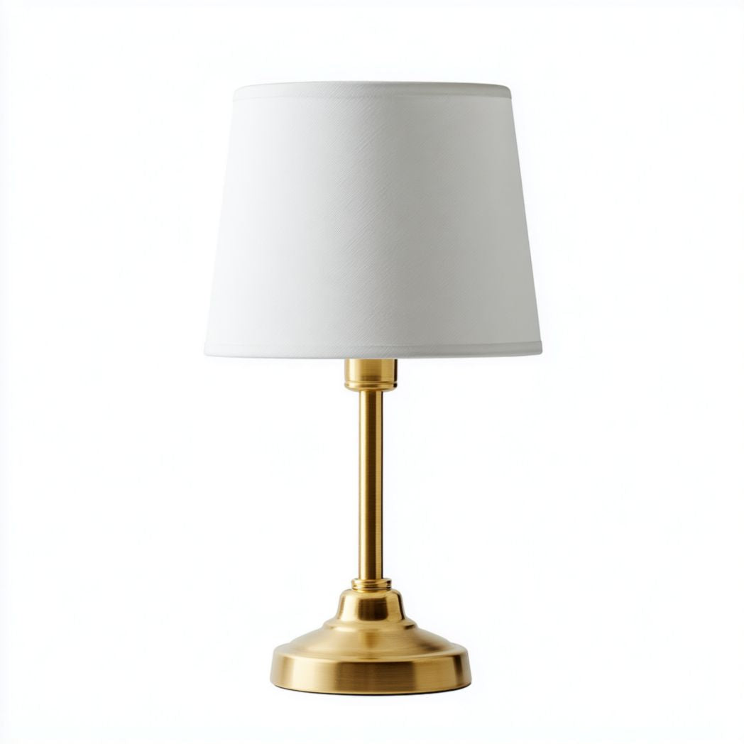 Lampada da Tavolo con Base in Metallo Dorato e Paralume in Tessuto Bianco