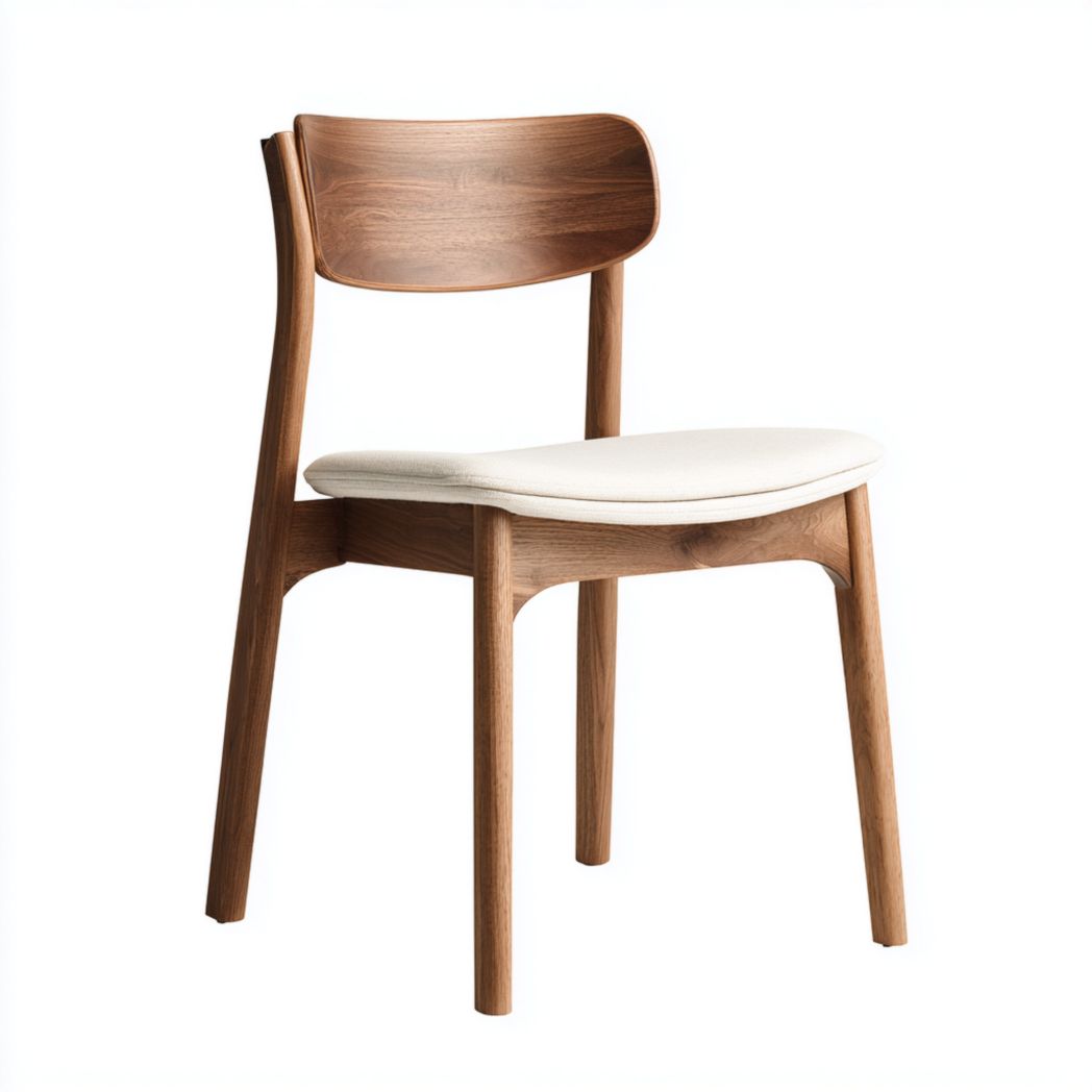Sedia in legno di noce con seduta imbottita in tessuto bianco